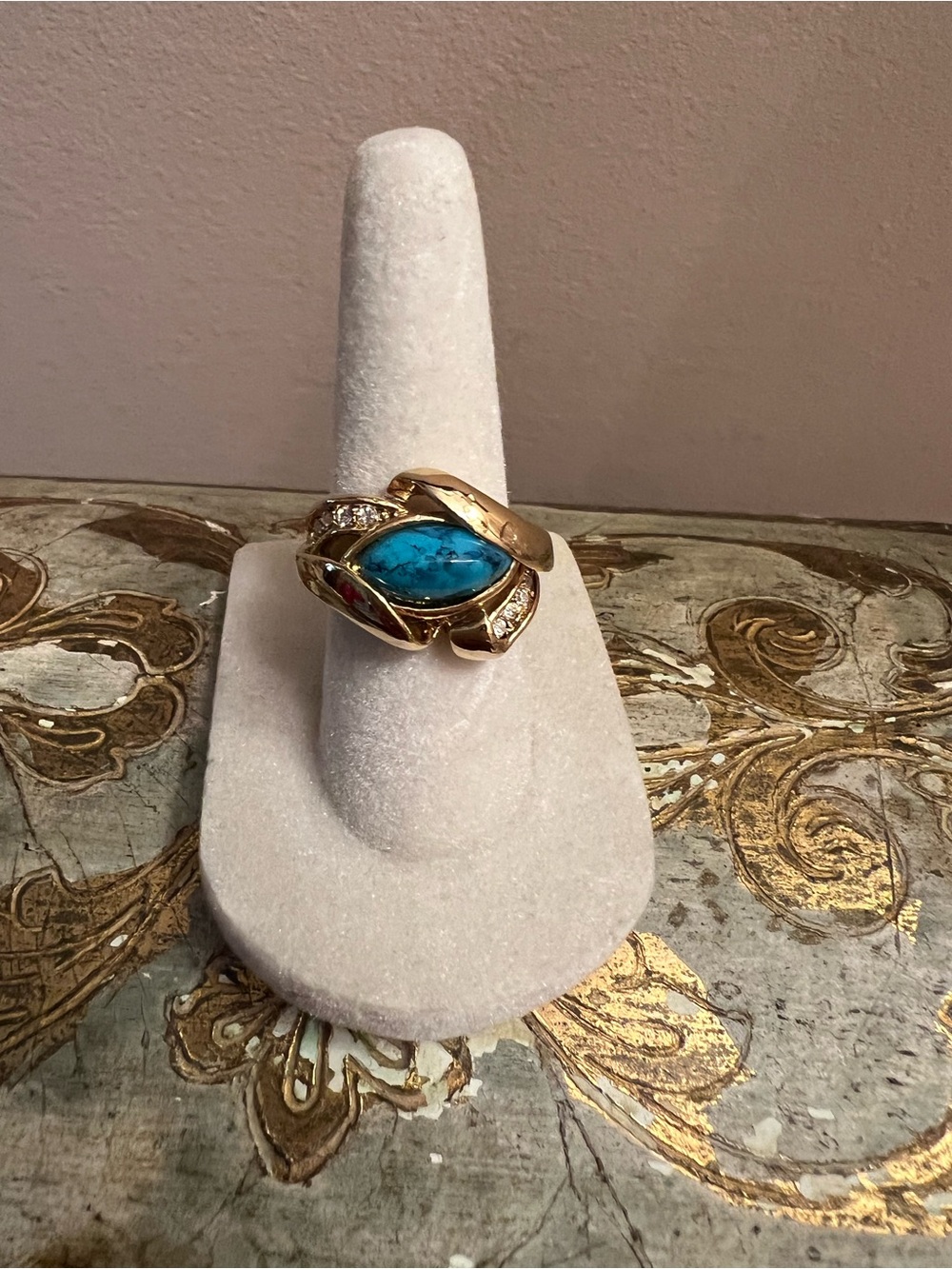 Gold-Tone Ring with Blue Marquise Stone and Clear Accents